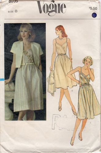 1980's Vogue Surplice Bodice Dress Pattern with Optional Ruffle and Bolero Pattern - Bust 31.5