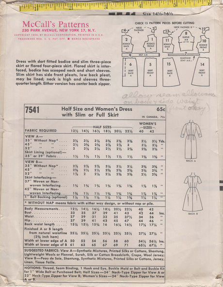 1960's McCall's One Piece Dress with Slim or Full Skirt - Bust 35-37" - No. 7541