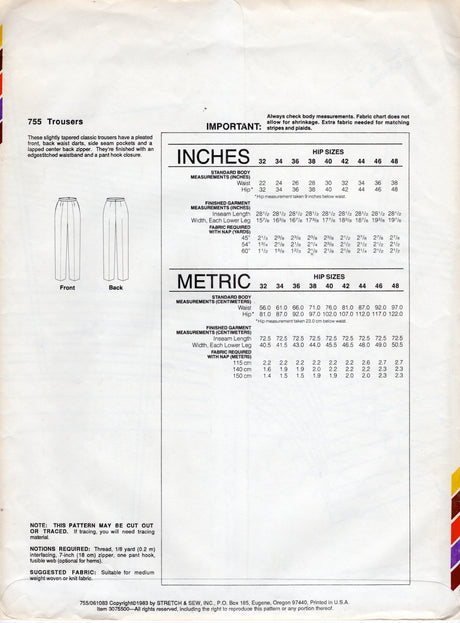 1980's Stretch & Sew Straight Leg Trousers pattern - Waist 22-38" - No. 755