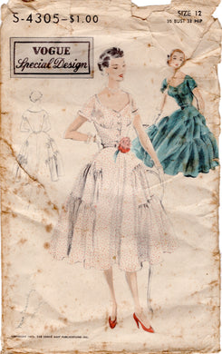 1950’s Vogue Fit and Flare Dress Pattern with Tiered Skirt sections - Bust 30” - No. s-4305