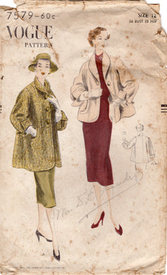1950’s Vogue Slightly Flared Coat Pattern - Bust 30” - No. 7579