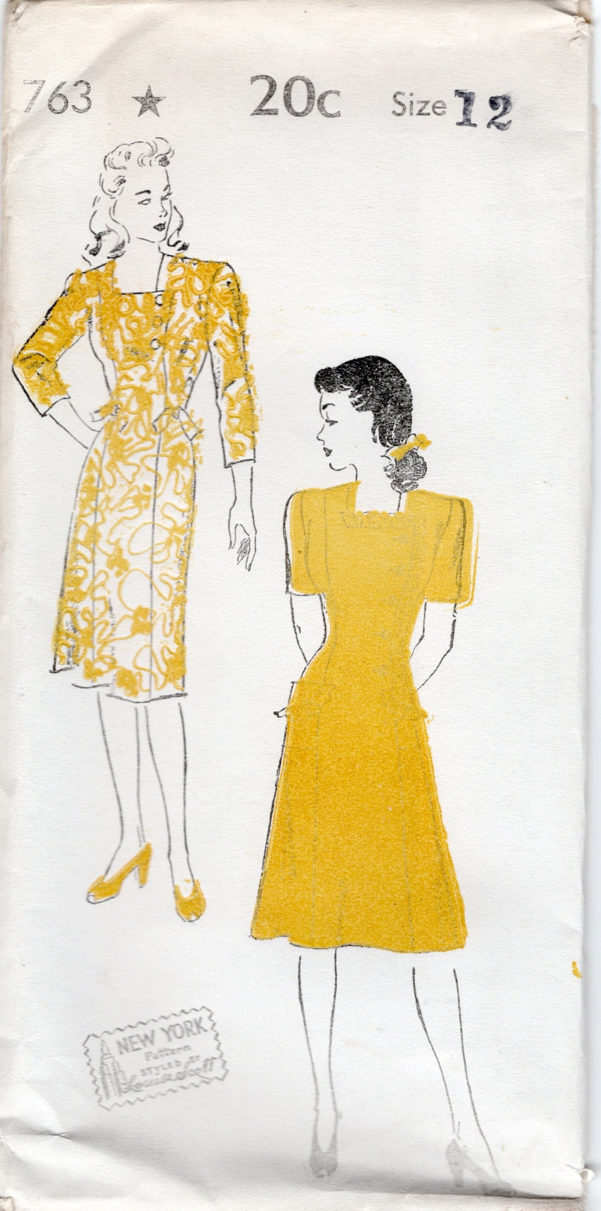 1940's New York Side Button Dress Pattern with Two Lengths of Sleeves - Bust 30-34" - No. 763