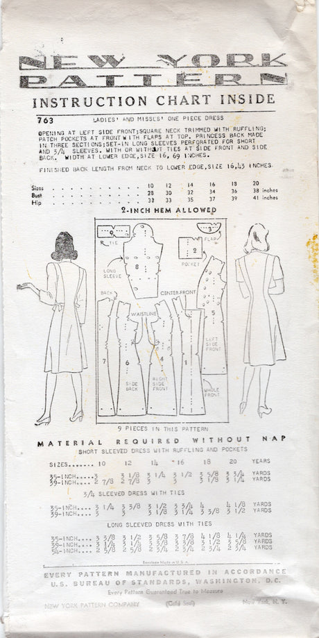 1940's New York Side Button Dress Pattern with Two Lengths of Sleeves - Bust 30-34" - No. 763