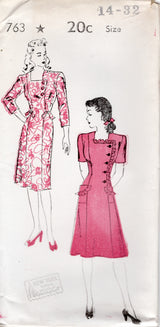 1940's New York Side Button Dress Pattern with Two Lengths of Sleeves - Bust 30-34" - No. 763