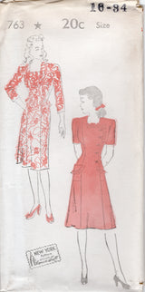 1940's New York Side Button Dress Pattern with Two Lengths of Sleeves - Bust 30-34" - No. 763