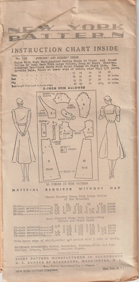 1930's New York One Piece Dress Pattern with Large Sailor Collar - Bust 32" - No. 758