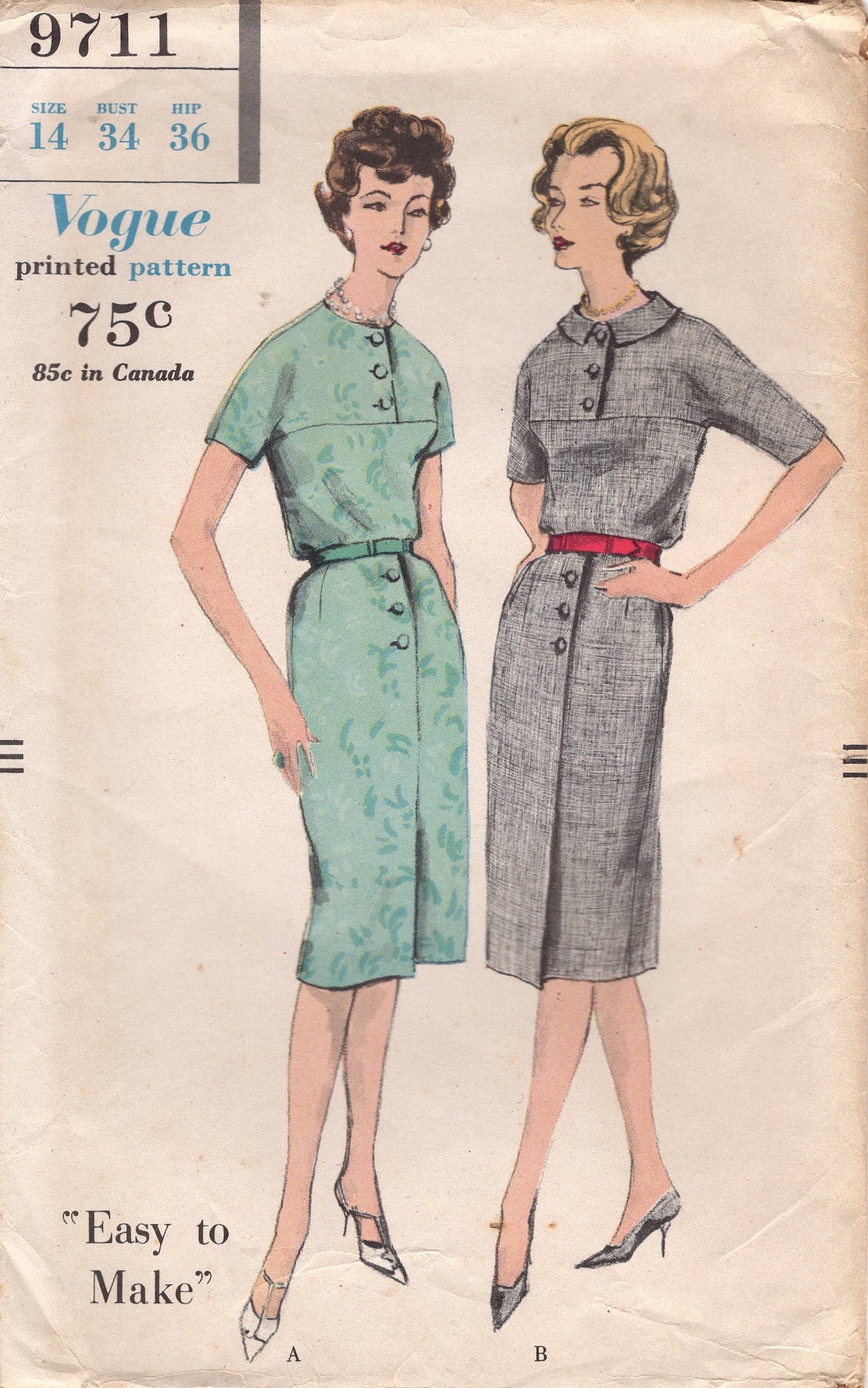 1950's Vogue One-Piece Sheath Dress Pattern with Button Yoke and Front Pleats - Bust 34" - No. 9711