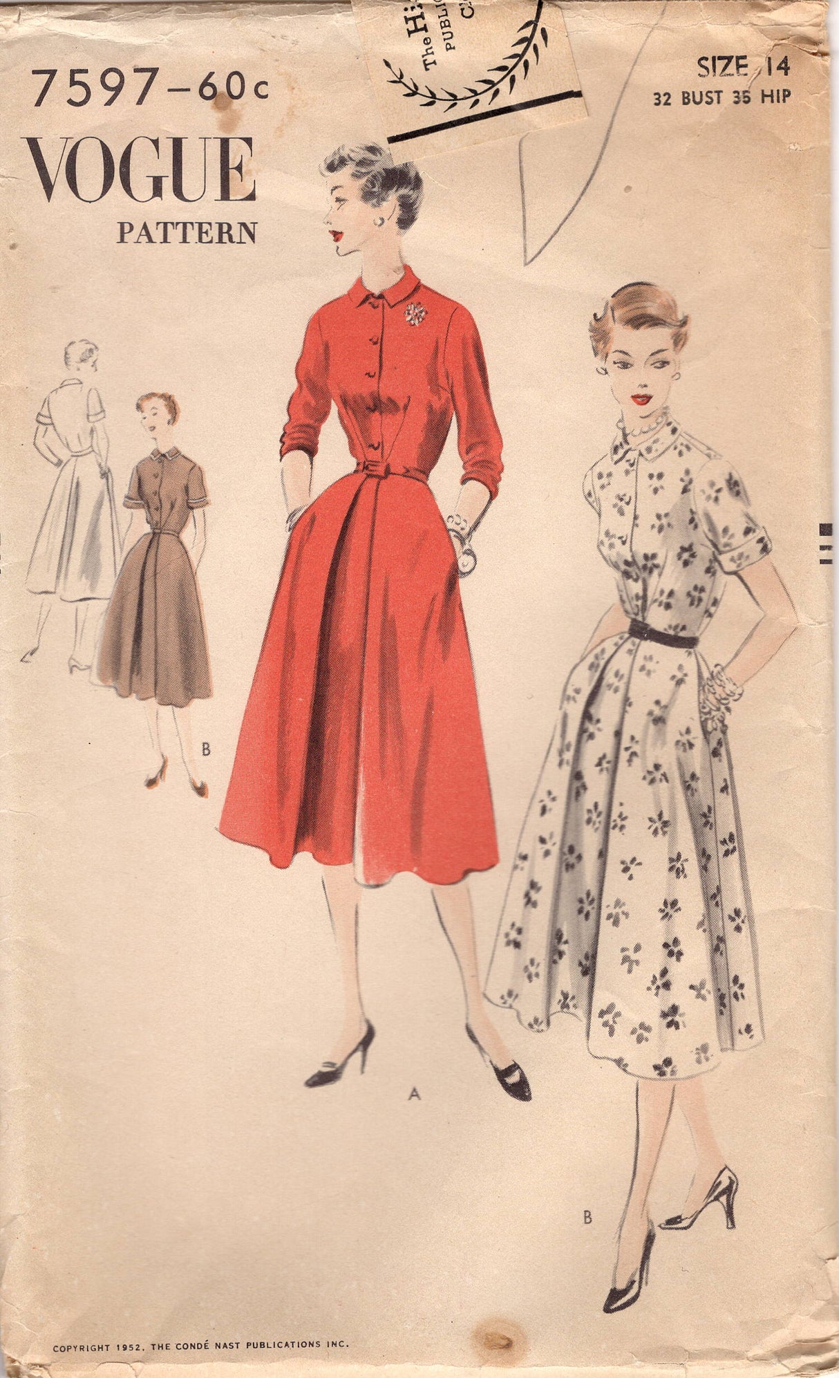 1950's Vogue One Piece Shirtwaist Dress with Skirt Underlay and 3/4 sleeves or short sleeves - Bust 32" - No. 7597