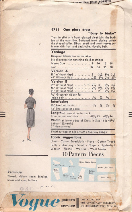 1950's Vogue One-Piece Sheath Dress Pattern with Button Yoke and Front Pleats - Bust 34" - No. 9711