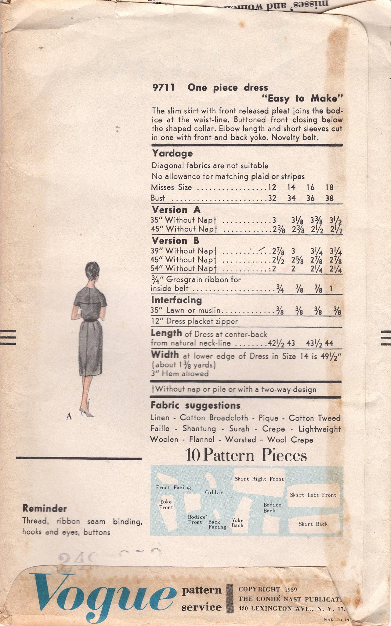 1950's Vogue One-Piece Sheath Dress Pattern with Button Yoke and Front  Pleats - Bust 34