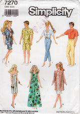 1990's Simplicity 11.5” Doll Clothing Pattern, Shirt, Pants, MuuMuu, Dress, Jacket, Bra Top - No. 7270
