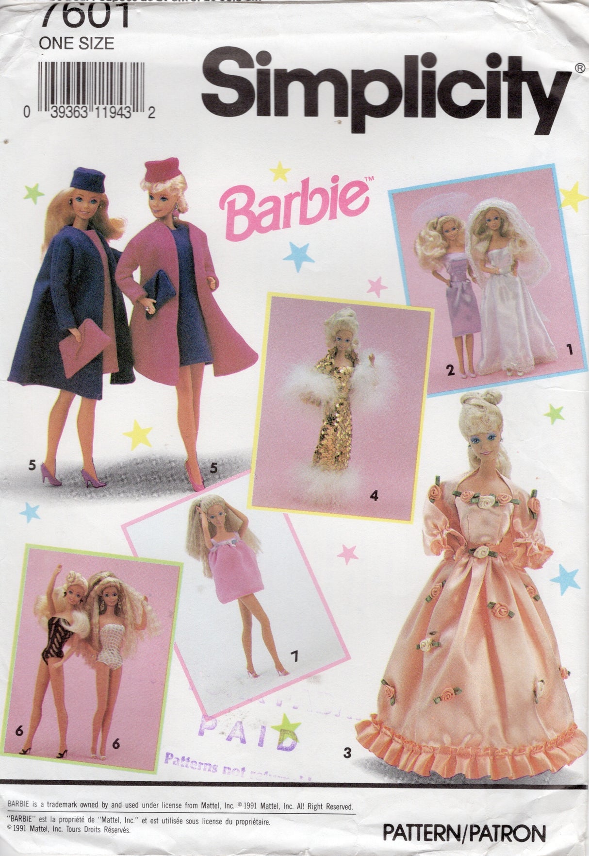 1990's Simplicity Barbie doll Clothing Pattern, Wedding Dress, Swimsuit, Coat, Hat, and PJs - No. 9601