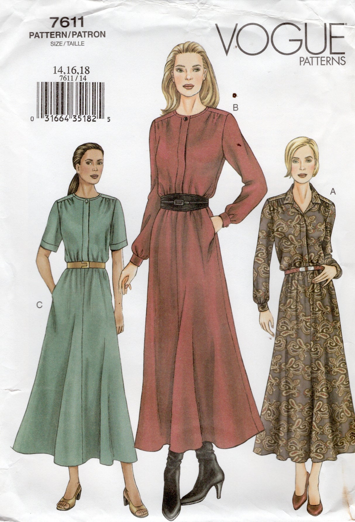 2000's Vogue Shirtwaist Dress Pattern with Fly Front - Bust 36-40" - No. 7611