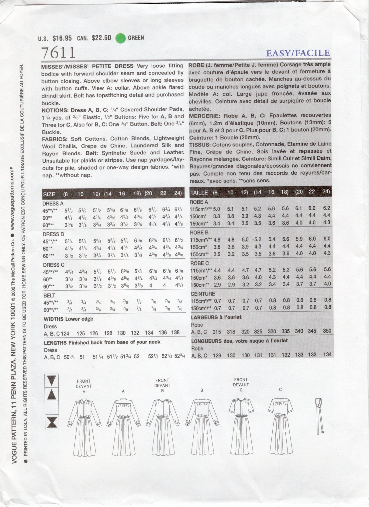 2000's Vogue Shirtwaist Dress Pattern with Fly Front - Bust 36-40" - No. 7611