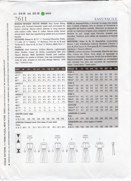2000's Vogue Shirtwaist Dress Pattern with Fly Front - Bust 36-40" - No. 7611