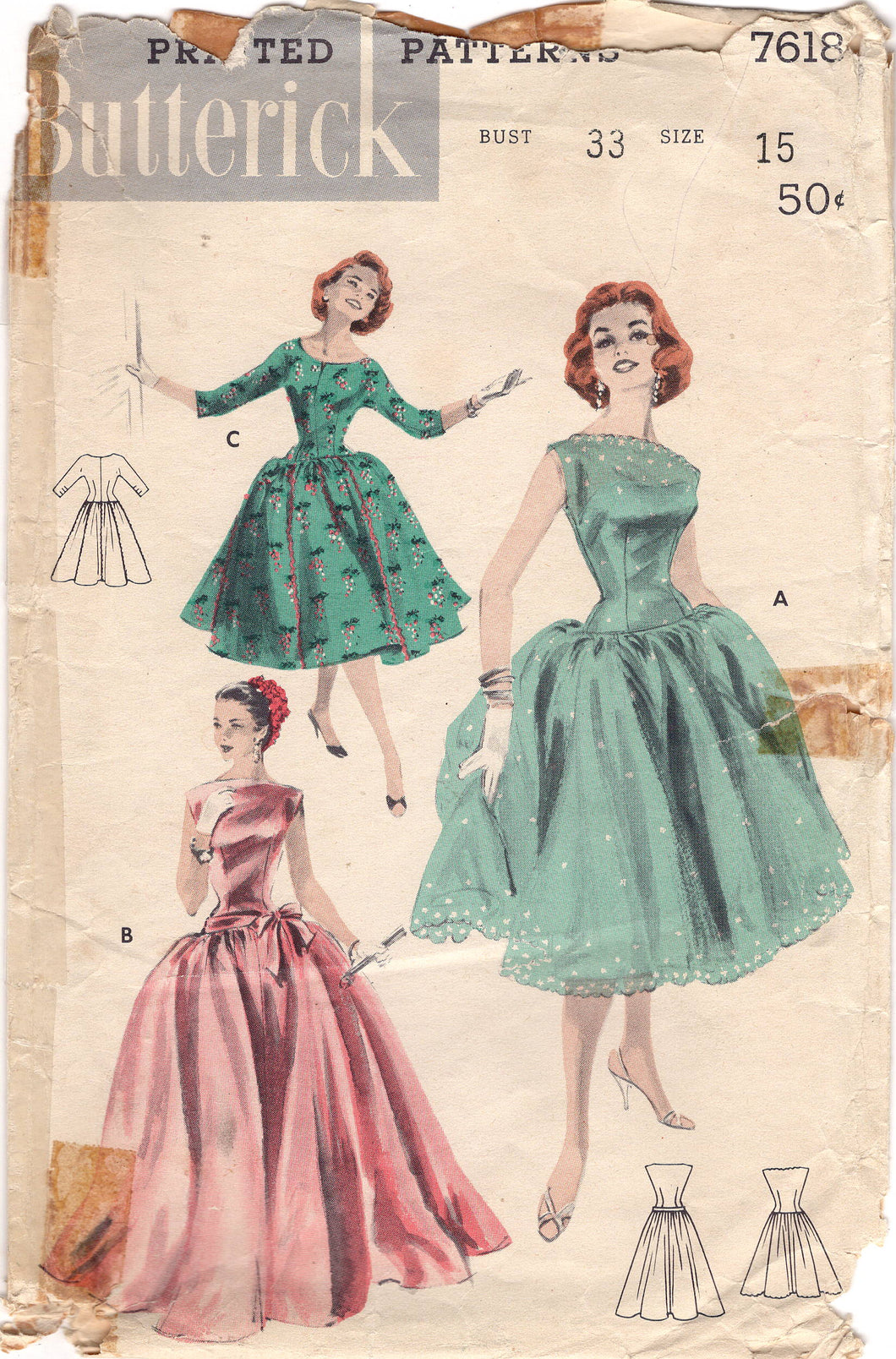 1950's Butterick Drop Waist Ball Gown or Day Dress Pattern - Bust 33