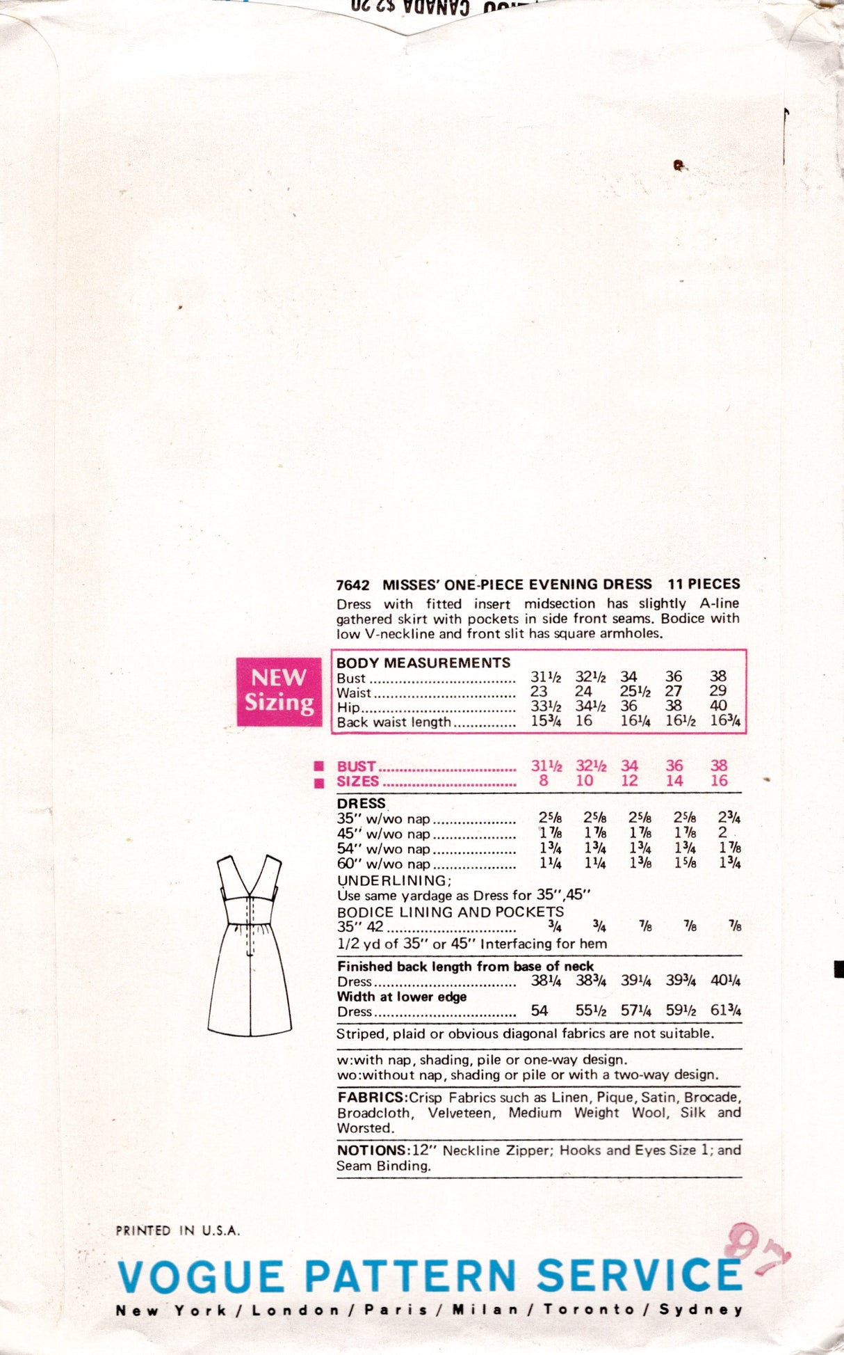 1960’s Vogue One Piece Fitted Waist Dress Pattern with V neck Back - Bust 32.5” - No. 7642