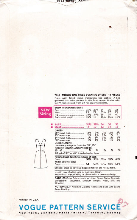 1960’s Vogue One Piece Fitted Waist Dress Pattern with V neck Back - Bust 32.5” - No. 7642