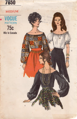 1960’s Vogue Off the Shoulder Puff Sleeve Blouse Pattern - Bust 34-36” - No. 7650