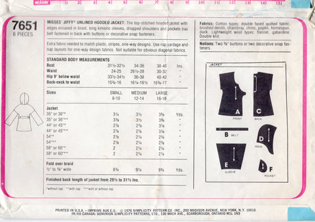1970's Simplicity Unlined Quilted Jacket Pattern - Bust 38-40"  - No. 7651