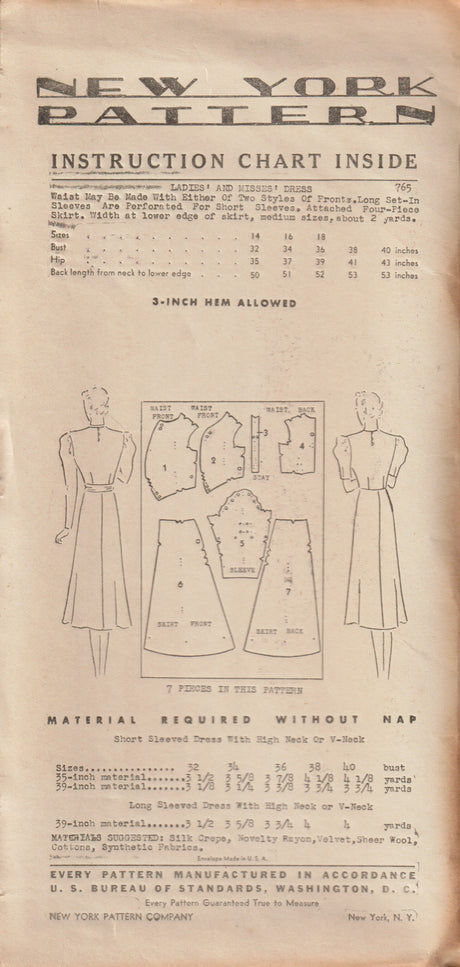 1930's New York Ruched Front Bodice Dress Pattern - Bust 36" - No. 765