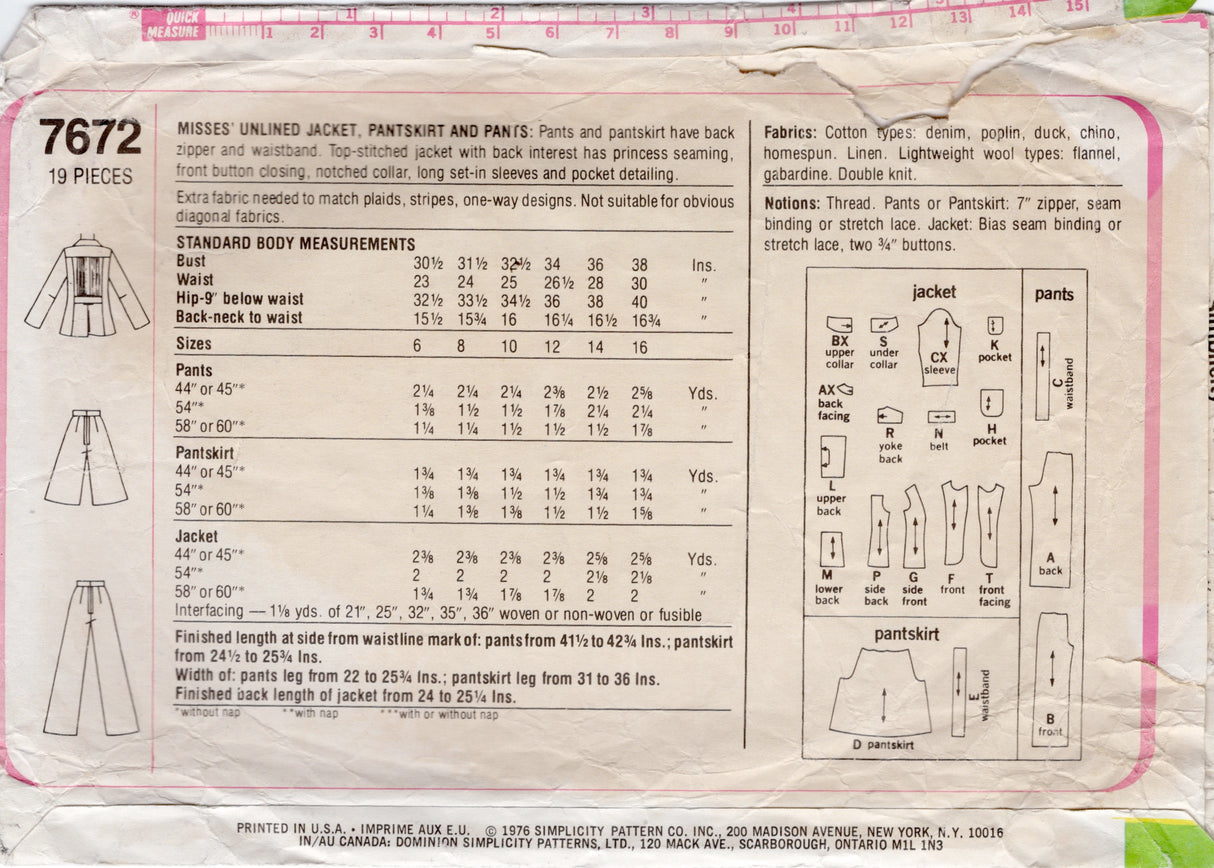 1970's Simplicity Pantskirt or Pants Suit pattern – Bust 36” - No. 7672