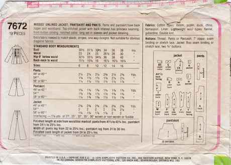 1970's Simplicity Pantskirt or Pants Suit pattern – Bust 36” - No. 7672
