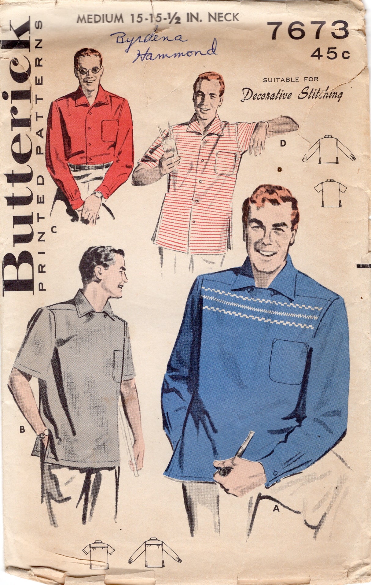 1950’s Butterick Men’s Button up or Yoked Shirt Pattern- Chest 38 - 40” - No. 7673
