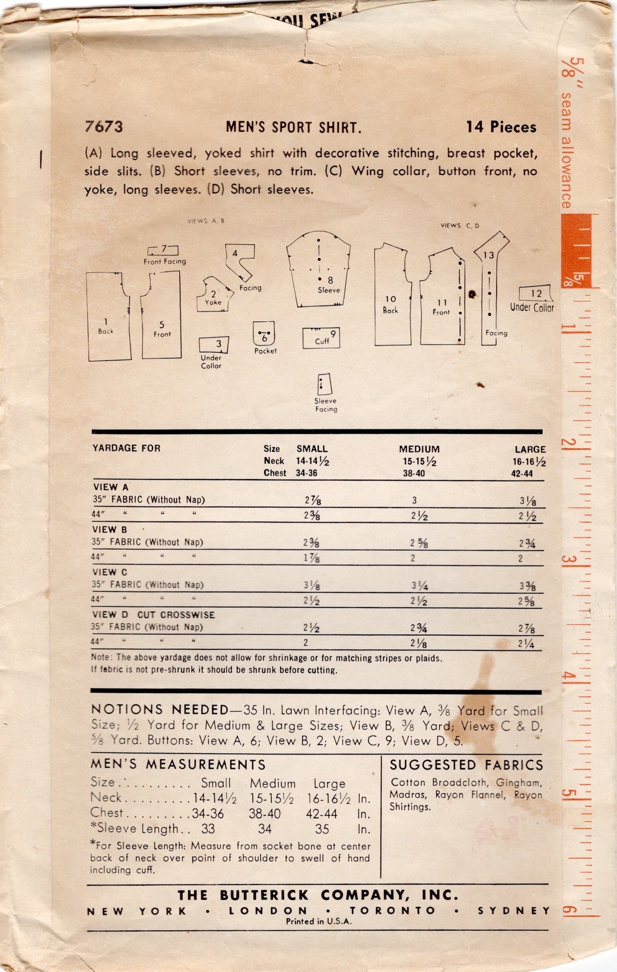 1950’s Butterick Men’s Button up or Yoked Shirt Pattern- Chest 38 - 40” - No. 7673