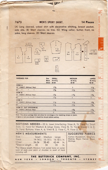 1950’s Butterick Men’s Button up or Yoked Shirt Pattern- Chest 38 - 40” - No. 7673