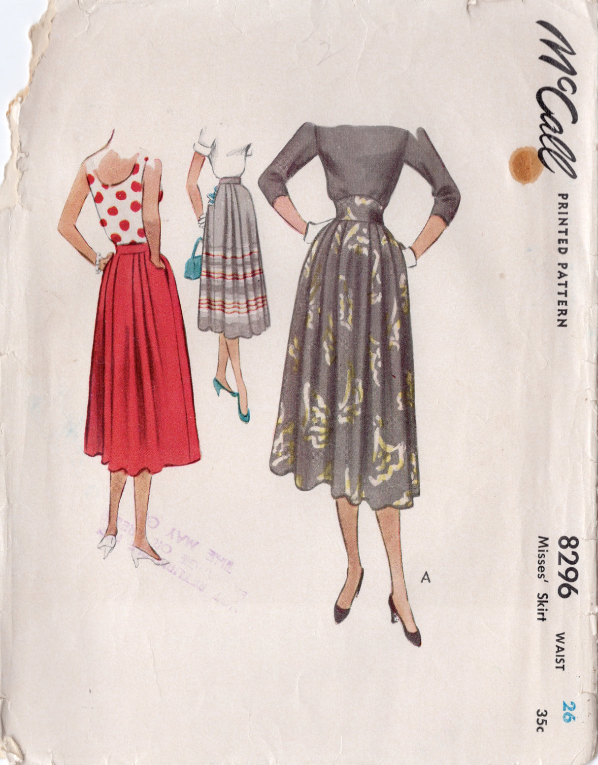 1950's McCall Softly Pleated Skirt with Raised Waistband pattern - Waist 26" - No. 8296
