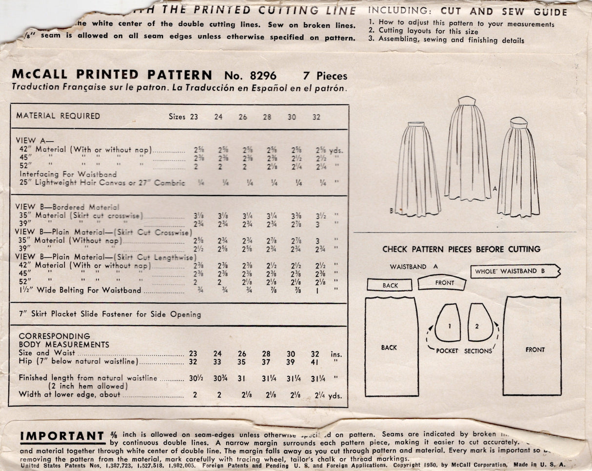 1950's McCall Softly Pleated Skirt with Raised Waistband pattern - Waist 26" - No. 8296