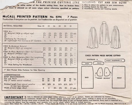 1950's McCall Softly Pleated Skirt with Raised Waistband pattern - Waist 26" - No. 8296