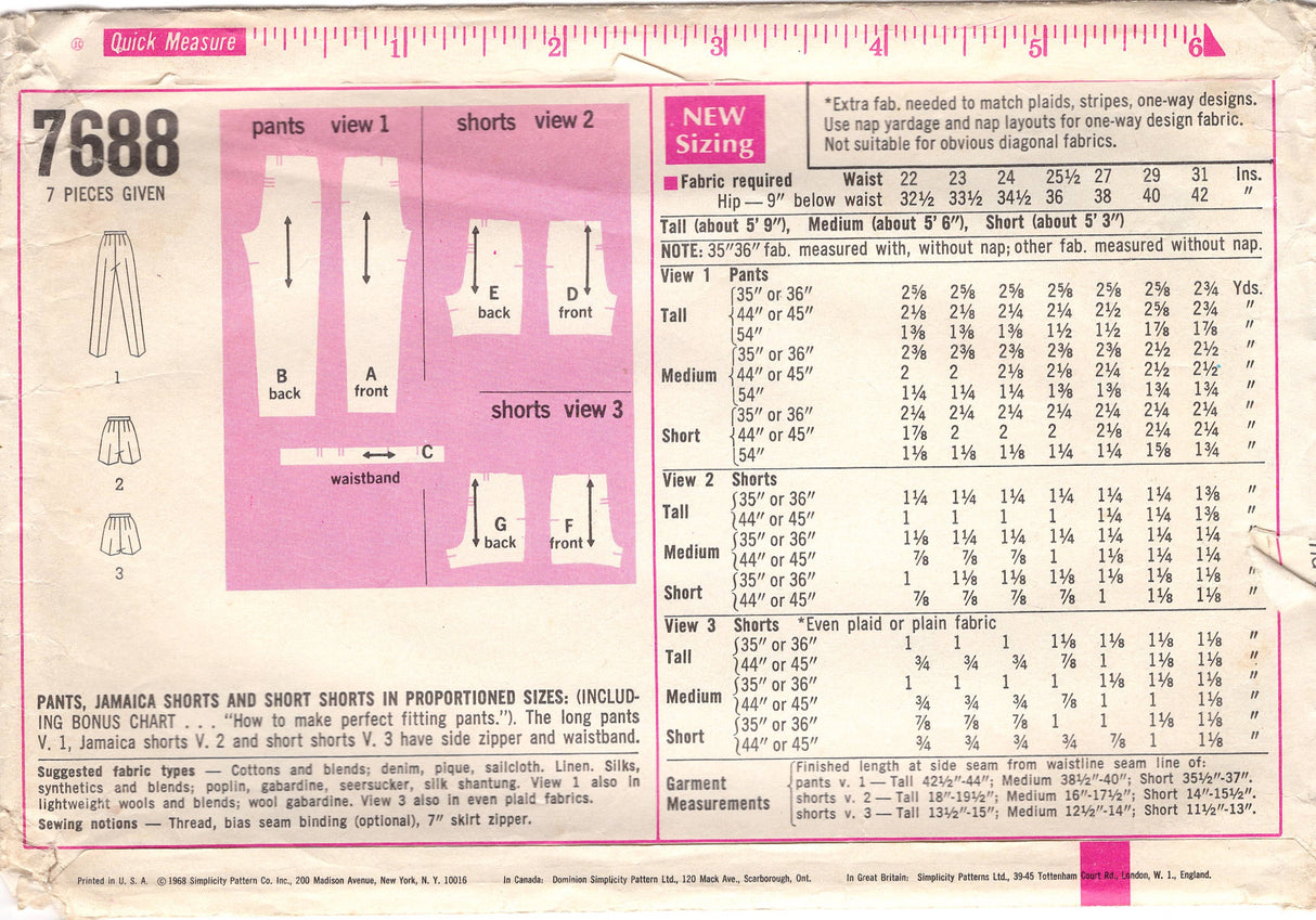 1960's Simplicity Cigarette Pants, Jamaica Shorts and Shorts - Waist 25.5" - No. 7688