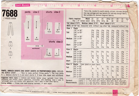 1960's Simplicity Proportioned Cigarette Pants, Jamaica Shorts and Shorts - Waist 29" - No. 7688