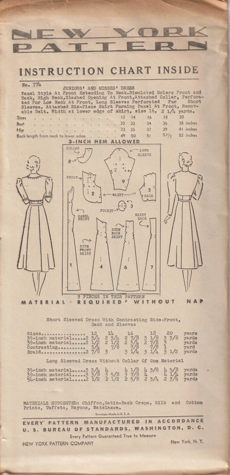 1930's New York Bodice Yoke Dress Pattern - Bust 32" - No. 774