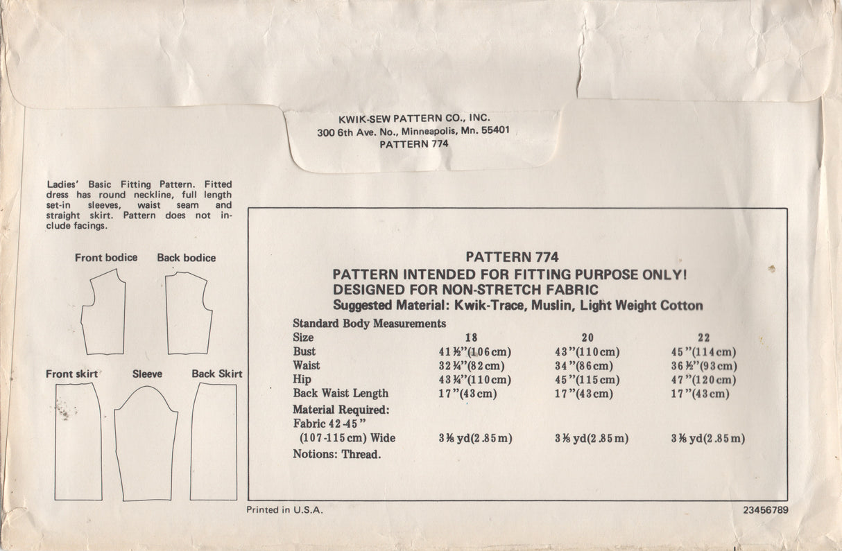 1970's Kwik Sew Basic Fitting Dress Pattern - Bust 41.5-45" - No. 774