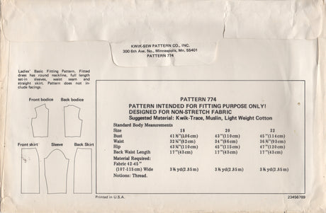 1970's Kwik Sew Basic Fitting Dress Pattern - Bust 41.5-45" - No. 774