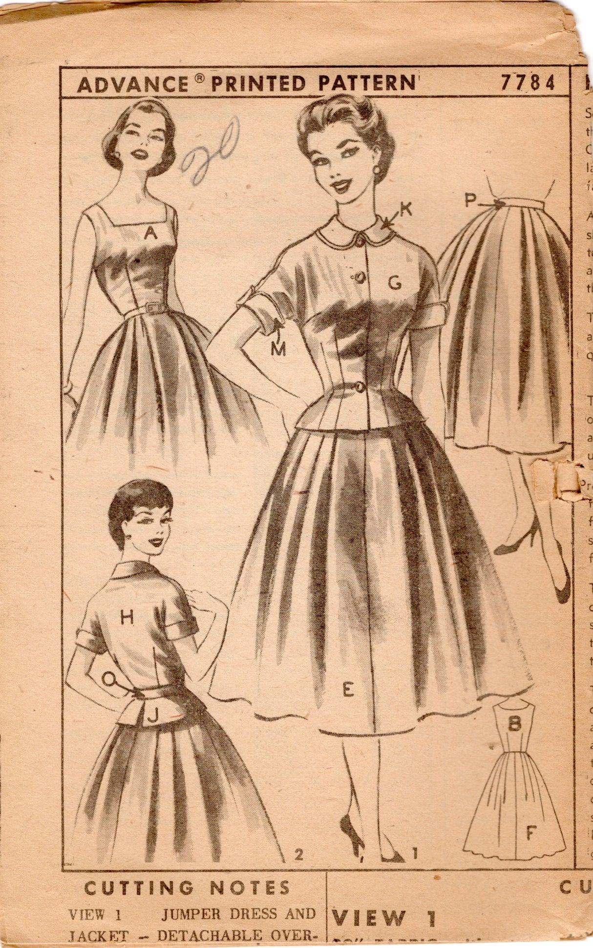 1950’s Advance Jumper Dress and Jacket Pattern - Bust  38” - No. 7784