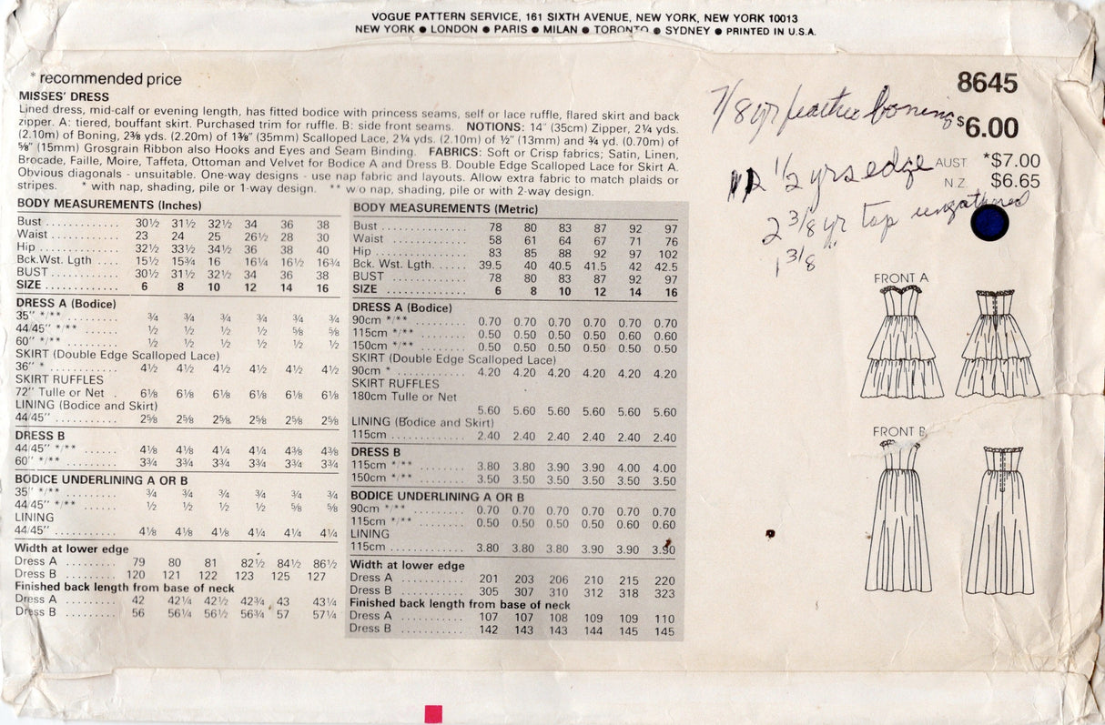 1980's Vogue Strapless Sweetheart Neckline Evening Gown pattern - Bust 30.5-31.5" - No. 8845