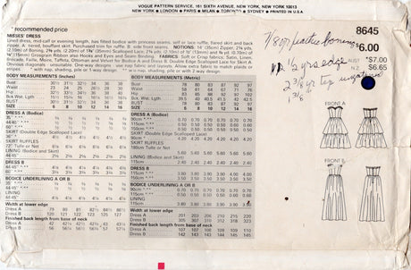 1980's Vogue Strapless Sweetheart Neckline Evening Gown pattern - Bust 30.5-31.5" - No. 8845