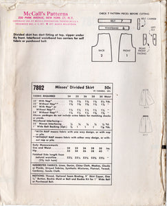 1960's McCall's Divided Skirt Pattern - Waist 30" - No. 7802