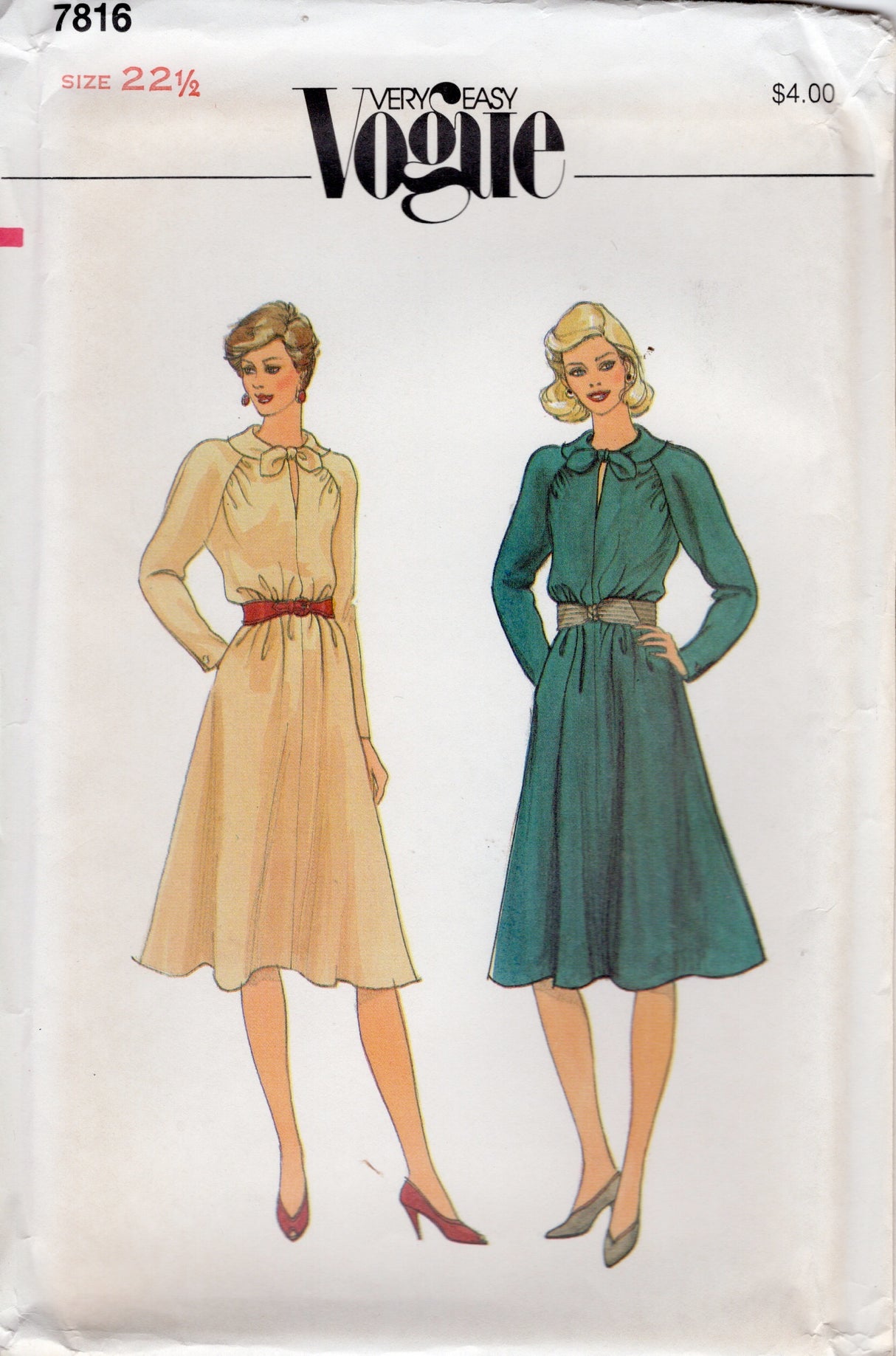 1980's Vogue Pullover Dress Pattern with Slit Neckline and Raglan Sleeves - Bust 45" - No. 7816