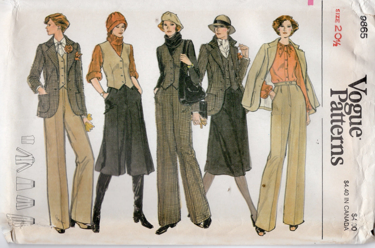 1970's Vogue Jacket, Vest, Pants, Culottes and Skirt Pattern - Bust 43" - No. 9865