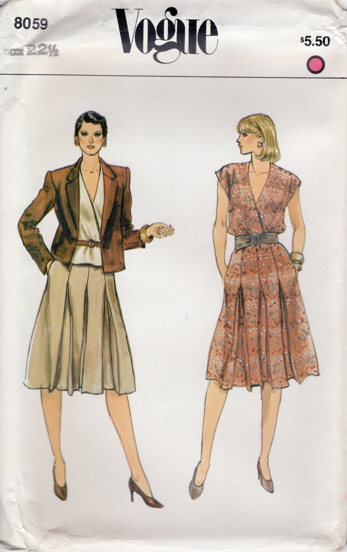 1980's Vogue Wrap Blouse, Pleated Skirt and Jacket Pattern - Bust 45" - No. 8059