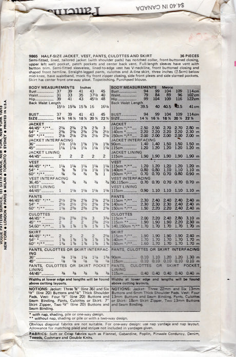 1970's Vogue Jacket, Vest, Pants, Culottes and Skirt Pattern - Bust 43" - No. 9865