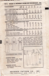 1950’s Advance Robe or Housecoat Pattern- Bust  38” - No. 7816
