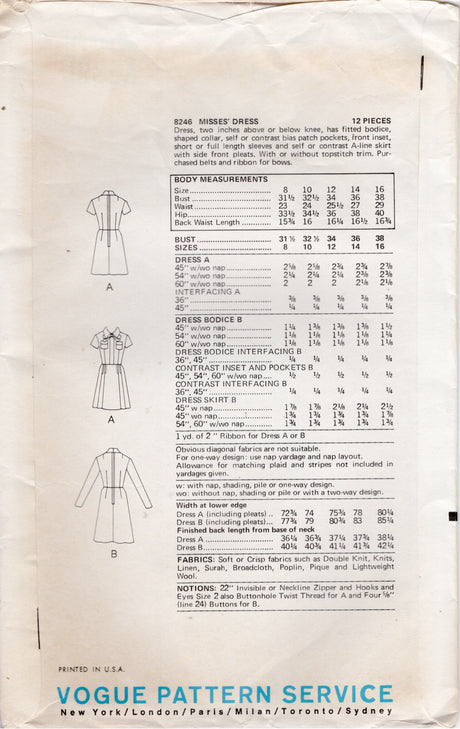 1970's Vogue Shirtwaist Dress Pattern with Pleated Skirt - Bust 38" - No. 8246