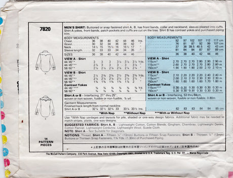 1980's McCall's Men's Western Style Button Up Shirt Pattern - Chest 38" - No. 7820