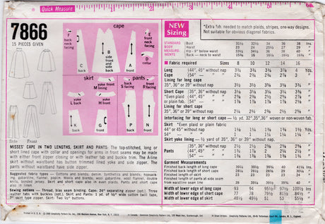 1960's Simplicity Cape in Two lengths and Pants Pattern - Bust 32.5" - No. 7866